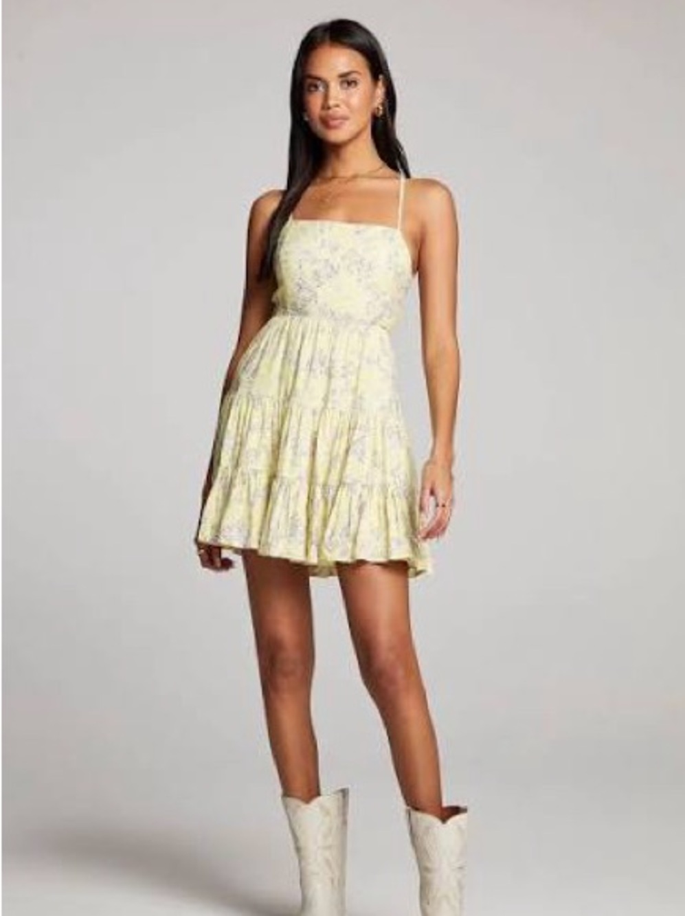 Saltwater Luxe Janessa Yellow Floral Tiered Mini Dress Cutout Tie Back S NEW